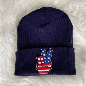 Navy Beanie + USA Peace Hand Sign on Front. ONE SIZE. NWOT.